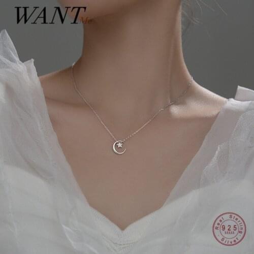 WANTME Real 925 Sterling Silver Minimalist Fashion Korean Star Moon Chain Charm Necklace for Women Chic Party Engagement Jewelry