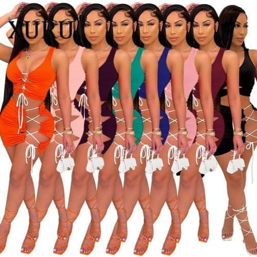 XURU Sexy Nightclub Club Party Dress Two-piece Set New Hot Sale Pure Color Ruched Tie Dress Drawstring Vest Dress Set
