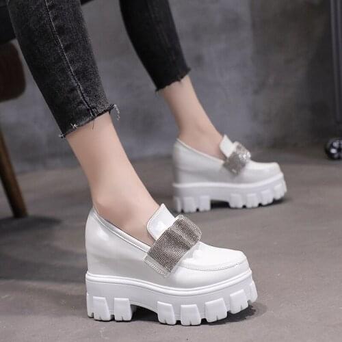 Women Chunky Sneakers 2022 Autumn 10CM High Heels Casual Shoes Thick Soled Slip-on Leather Shoes Wedge Platform Crystal Sneakers