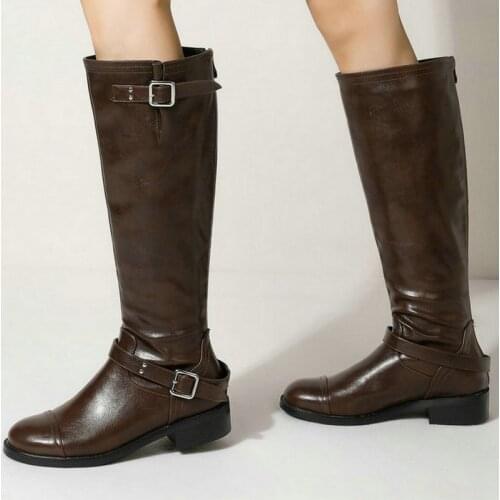 Black Brown Yellow Women Knee High Boots Comfortable Square Heel Ladies Motorcycle Boots Buckle Zipper Womens Boots Big Size 43