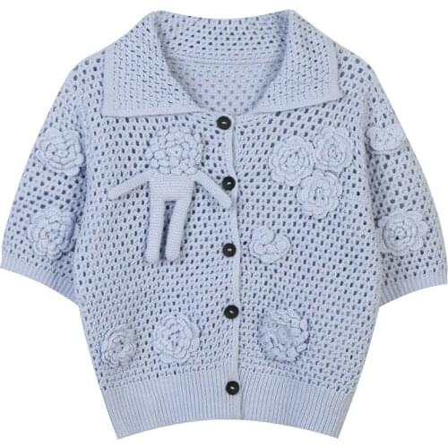 Summer Hollow Fashion Women Lapel Cute Short-Sleeved Floral Embroidery Slim Thin Knitted Top Coat Cardigans T-Shirt 2021 New