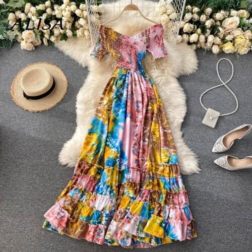 Women Tie Dye Printed Boho Dress Summer Elegant V Neck Slim A-line Long Dresses Ladies Fashion Beach Long Robe Vestidos De Mujer