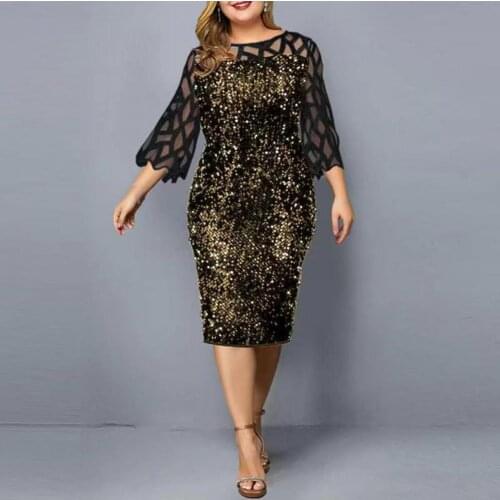 Lady Dress Sequin Mesh Stitching Bodycon Hollow 3/4 Sleeve O-neck Midi Dress for Wedding Party dresses plus size 5xl vestidos