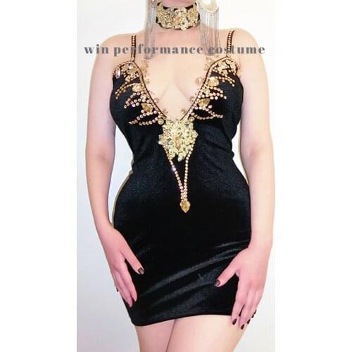 Fashion Black Sexy Gold Slip Dress Costume Deep V Female Performance Birthday Celebrate Dress Women Singer Stage Show Wear