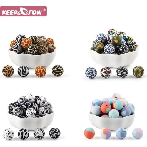 15mm Baby Beads Leopard Terrazzo Dalmatian Camo Tie Dye Print Silicone Teething Bead 10pcs DIY Chewable Necklace Baby Pearl Bead