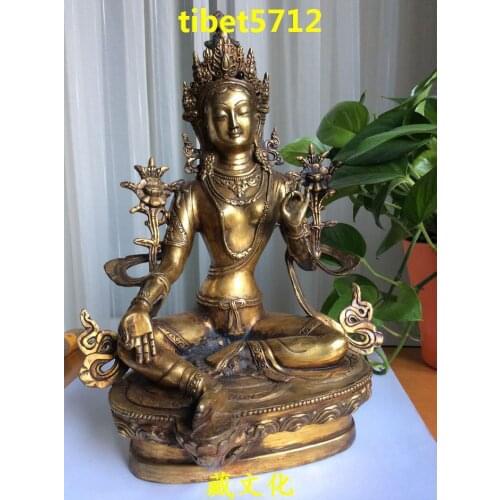 12" Old antique collect from Tibetan Buddhist bronze green tara Buddha Garden Decoration 100% real Brass Bronzeroom Art