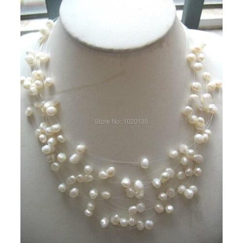 15rows freshwater pearl white baroue 6-8mm necklace 16-19inch nature beads FPPJ
