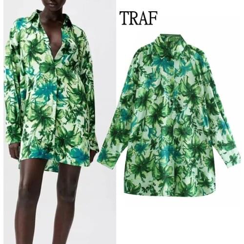 TRAF Za Woman 2021 Summer Blouses Vintage Print Womens Oversize Shirt Long Sleeve Loose Top Women Clothing Blusas Chic Tops