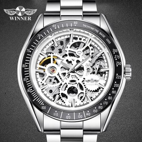 WINNER Male Official Mans Clocks Steel Strap Skeleton Automatic Mechanical Watches Relogio Masculino