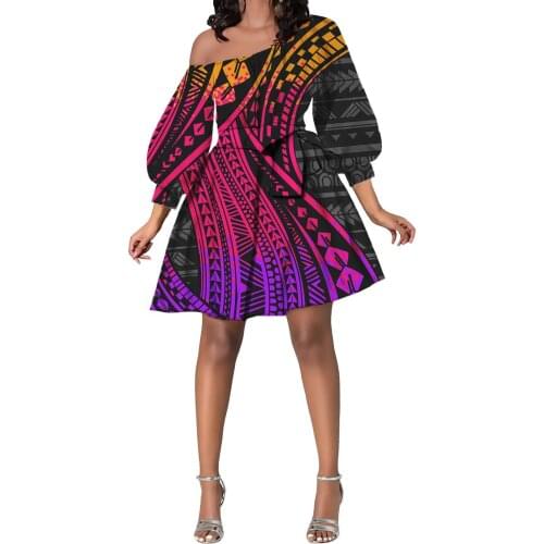 Hycool Gradient Polynesian Striped Design Girl Bow Dress Princess Puffy Sleeve Oblique Shoulder Dress WomenS Flared Dress 2021