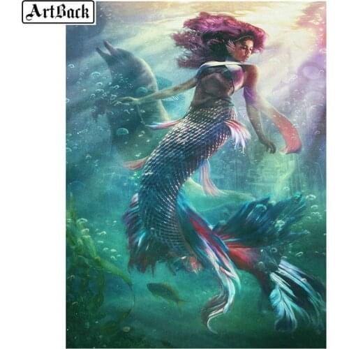 Full Square 5d diy Diamond Painting Mermaid Dolphin 3D Round Diamond Embroidery Mosaic Rhinestone Wall Sticker Gift