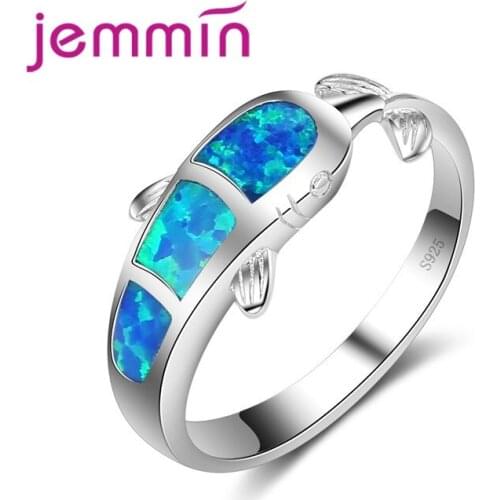 Antique Design Dolphin Shaped Ocean Blue Opal Ring 925 Sterling Silver Silver Color Jewelry Rings For Women & Girl