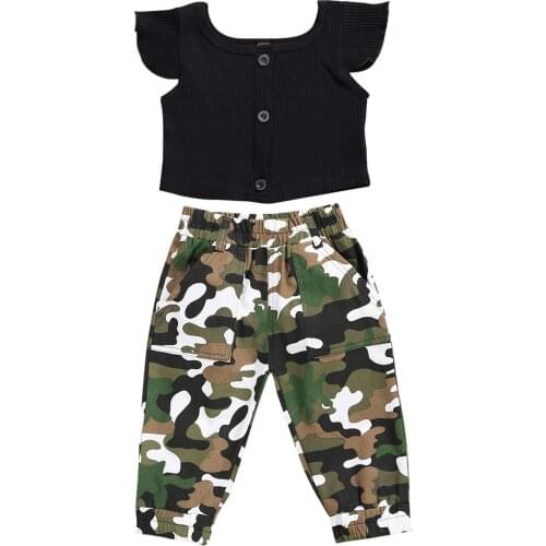 2-6Years Kid Girl’s Suit Fashion Single-breasted T-shirt and Elastic Camouflage Pattern Long Pants