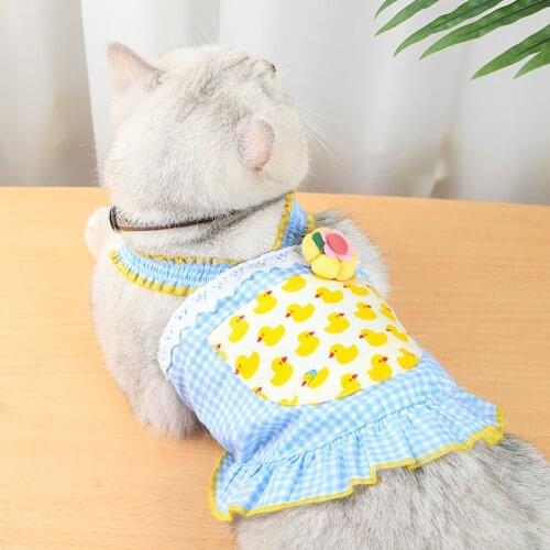 Pet Summer Clothes Blue Grid Kitten Skirt Breathable Cute Cartoon All Seasons Doll British Shorthair Dress Princess Cat Dress