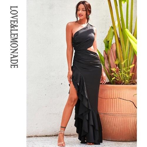 LOVE&LEMONADE Sexy Black Off-Shoulder Cut-Out Split Ruffled Reflective Satin Party Maxi Dress LM82202-A