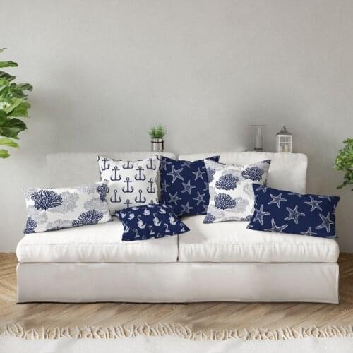 Set of 6 Marine Patterned Double Sides Printed Suede Throw Pillow Cover Blue & White 43*43-35*50 Cm Home, Garden Decoration