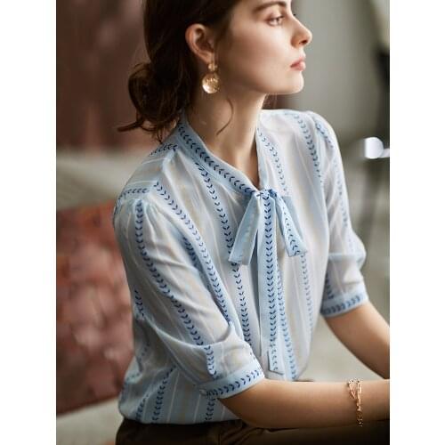 Niche silk shirt women summer mid-sleeve 2021Silk Tops Blouse Printed blue Tops Blouse