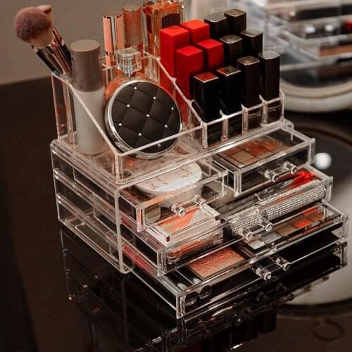 Jewelry and Makeup Organizer for Vanity-Clear Cosmetic Storage Container Display 2Pcs Set Stackable with 4 Drawers