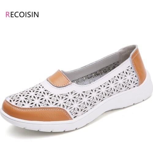 RECOISIN 2020 Womens Summer Shoes Genuine Leather Slip-on Shoes Woman Breathable Casual Loafers Mother Shoes chaussure femme