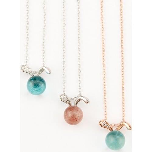 Romantic 925 Sterling Silver Rabbit Multi-color Round Bead Nature Stone Rose/Silver Chain Pendants Necklace for Women Jewelry