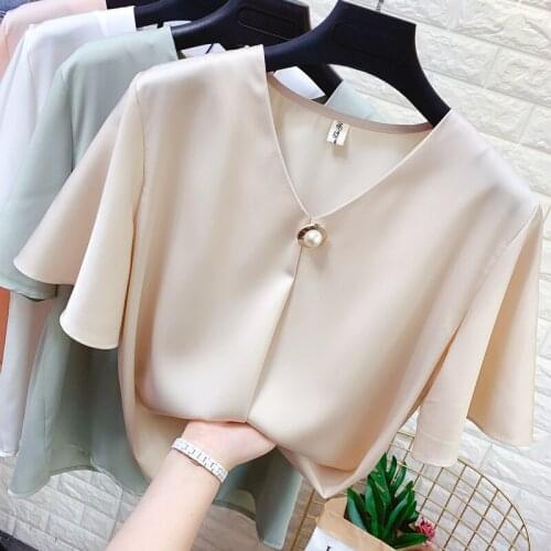 Horn Sleeve V-neck Pullover Chiffon Shirt Elegant Ol Female White Satin Top Summer Blouses Blusas Blusas Mujer De Moda 2020