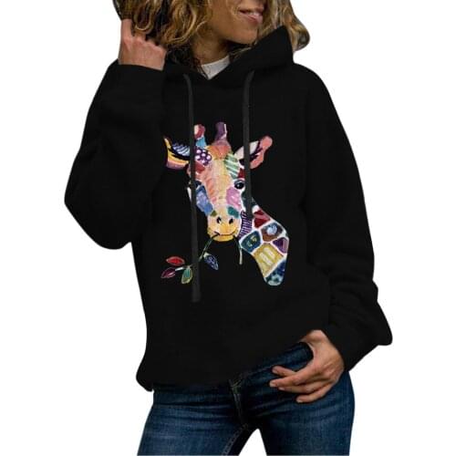 Streetwear Thicken Warm Hoodies Cute Giraffe Printed Hooded Sweatshirt Oversized Long Sleeve Blouse Winter Brief Crew Neck Tops