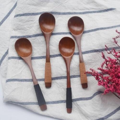 Japanese-style Natural wooden spoon tableware long-handled wrapped line spoon 20*4cm LX7986