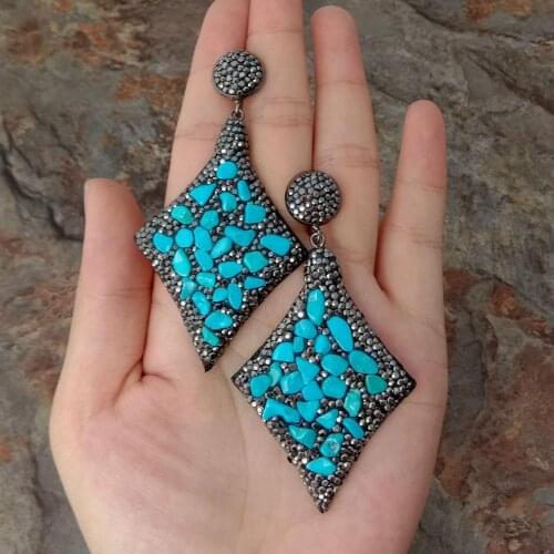 YYGEM 40x57MM Blue Turquoise Chips Pave Black Crystal Pave dangle Earrings geometric style for women