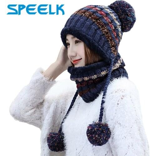 Warm Knit Hat Women Thick Warm Beanies Skullies Hats Female knitted Bonnet Beanie Caps Lady Winter Velvet Knit Bike Cap Bib