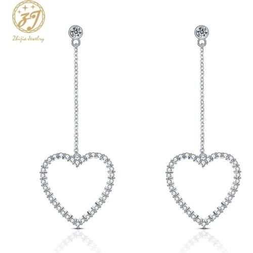 Zhijia top brand simple style silver womens crystal rhinestone heart shape stud earrings dress party jewelry