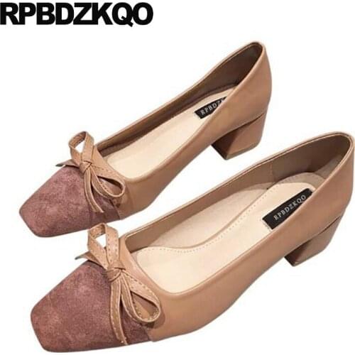 Chunky Kawaii Pink 2021 Spring Fashion Women Pumps Bow High Heels Suede Square Toe China Sweet Medium Female Cute Footwear Shoes