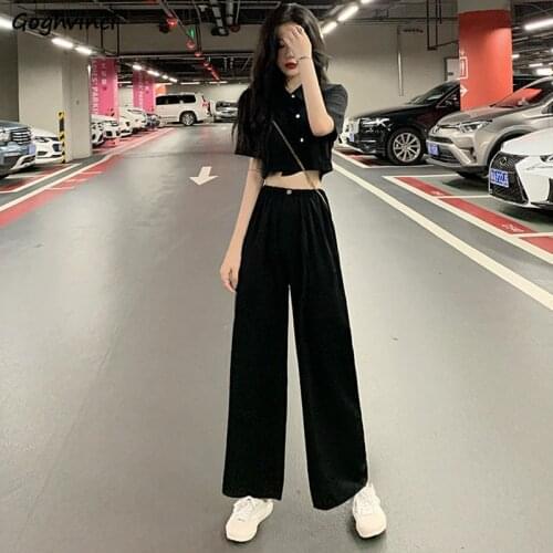 Women Sets 2Piece Short Sleeve Crop Top Button Full Length Solid Pants Black Harajuku Cool Girl Outfit Fashion Loose Soft Summer