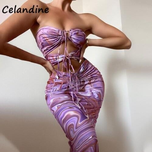 Celandine Tie Dye Print Y2K Women Midi Hollow Out Bodycon Wrap Summer Dress Fashion Party Halter 2021 Ruched Lace Up Dresses
