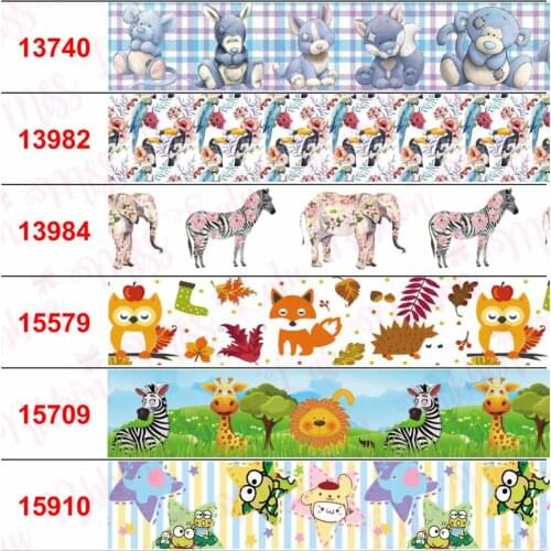 16mm-75mm Cartoon Zoo Animal Zebra Owl Printed Grosgrain/Elastic Ribbon Geometric Check DIY Hair Bands Party Decor 50yards/roll