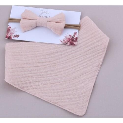 2 Pcs Baby Girls Elastic Bow Headband Saliva Towel Set Princess Bowknot Hair Band Bibs Feeding Burp Cloth Kit Soft Pure Cotton