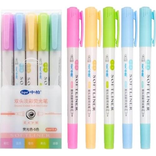 5pcs Double Ended Soft Mild Color Highlighter Pens Set Bold Fine Liner Fluorescent Marker Drawing Paint School Softliner A6035