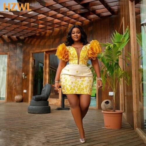 African Orange Short Cocktail Dressessexy Sheer Neck Ruffles Sleeve Plus Size Prom Gown Party Dresses Sukienki Koktajlowe