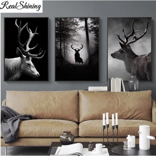 Diamond painting Black White Elk Deer Forest Landscape 5d cross stitch diy full square round 3pcs/set embroidery arts FS4782