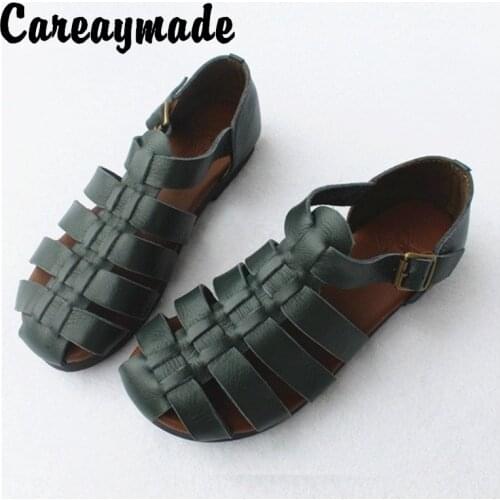 Careaymade-Summer first layer cowhide knitting retro Japanese flat soft bottom sandals original single goods leather sandals