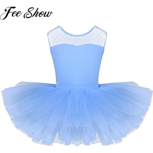 Kids Teens Ballet Dress Stretch Mesh Splice U-shaped Back Ballet Dance Gymnastics Leotard Tutu Dress For Girls Dancewear