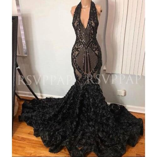 African Girl Long Prom Dresses 2021 real Picture Halter Backless Sequin Top 3D Flowers Black Mermaid Prom Gowns