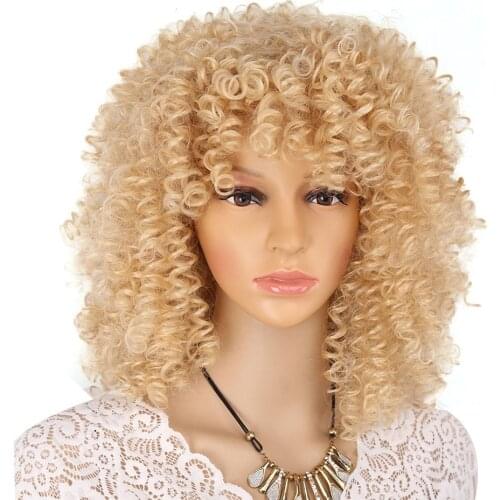 Kinky Curly Wig Afro American Wigs for Black Women Brown Mixed Blonde Synthetic Heat Resistant Wigs with Bangs 16 Inches