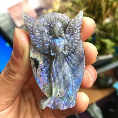 Hot sale natural Healing Crystal stones carved Labradorite angel pendant for christmas decoration gift