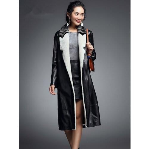 Leather Jacket Winter Coat Women Mink Wool Fur Collar Down Jacket Women Long Genuine Sheepskin Coat Chaqueta Mujer My