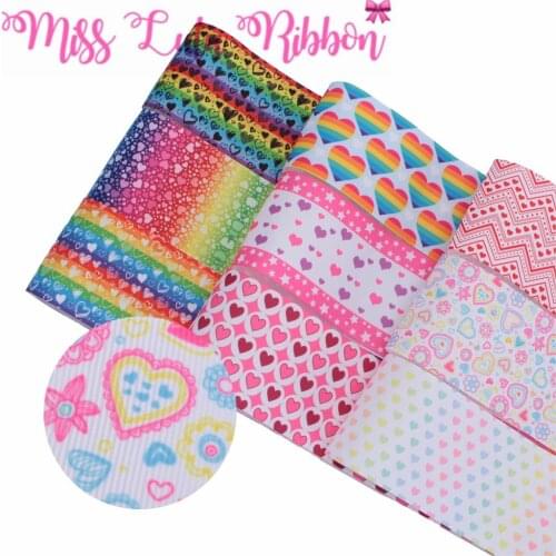 16mm-75mm Sweet Love Heart Rainbow Gradient Color Printed Grosgrain/Elastic Ribbon DIY Hair Bands Valentines Day 50yards/roll