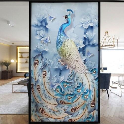 Chinese Style Peacock Frosted Window Film Bathroom Privacy Privacy 3d Glass Vinyl Sticker Non-Sticky Decorative Window Tint Stic