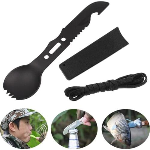Multitool Stainless Steel Fork Spoon Knife Picnic Camp Flatware Can Opener Whistle Portable Tableware