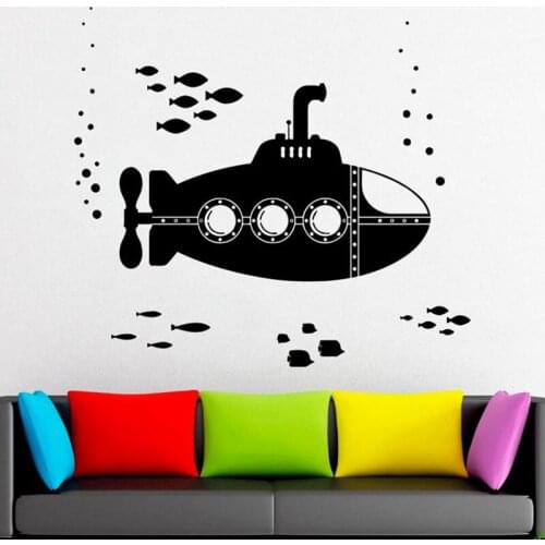 Submarine Wall Decal Water World Shoal of Fish Submarine Art Vinyl Window Stickers Kids Ocean Style Bedroom Bathroom Decor Q516