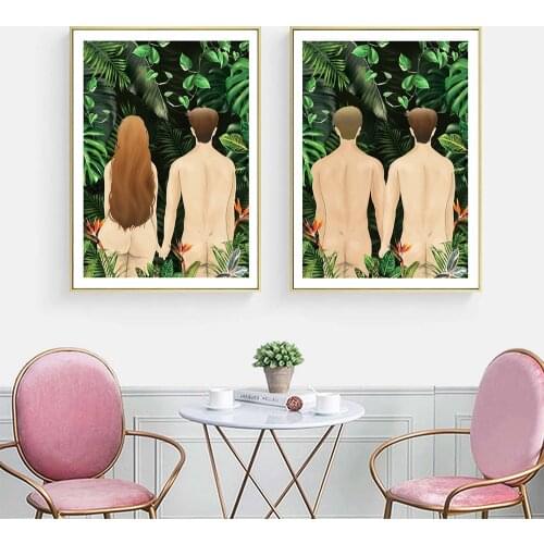 Wild Jungle Homosexual Man Woman Poster Print Nordic Abstract Green Plants Canvas Painting Wall Art Pictures for Bedroom Decor