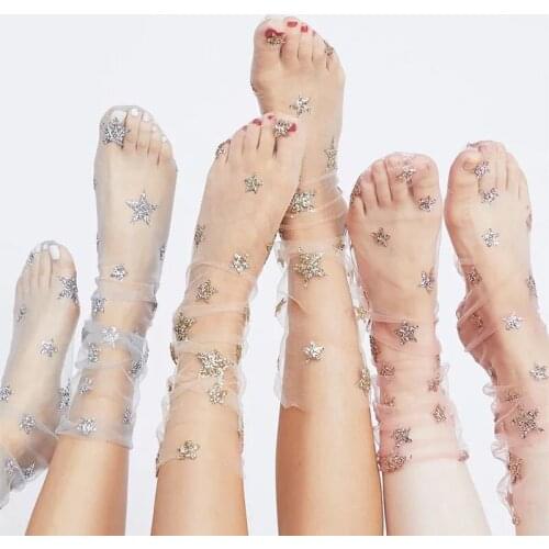 New 1 Pair Women Glitter Star Soft Mesh Socks Transparent Elastic Sheer Ankle Socks Women Thin Soft Shiny Stars Moon Socks
